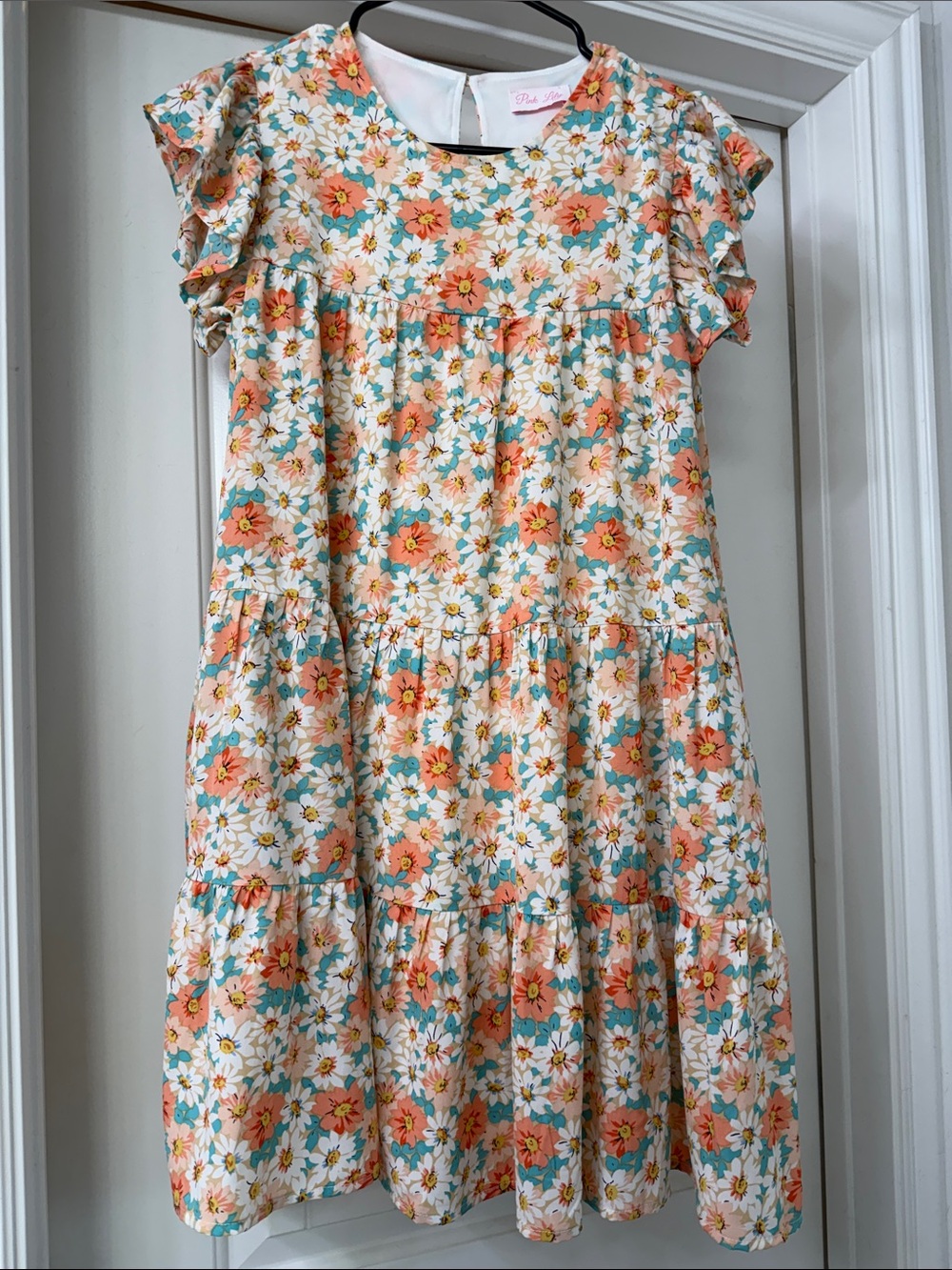 Peach, white, and teal floral dress